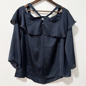 Libby‎ Edelman Off the Shoulder Blouse Womens Medium Navy Satin Feel Ruffle NWT